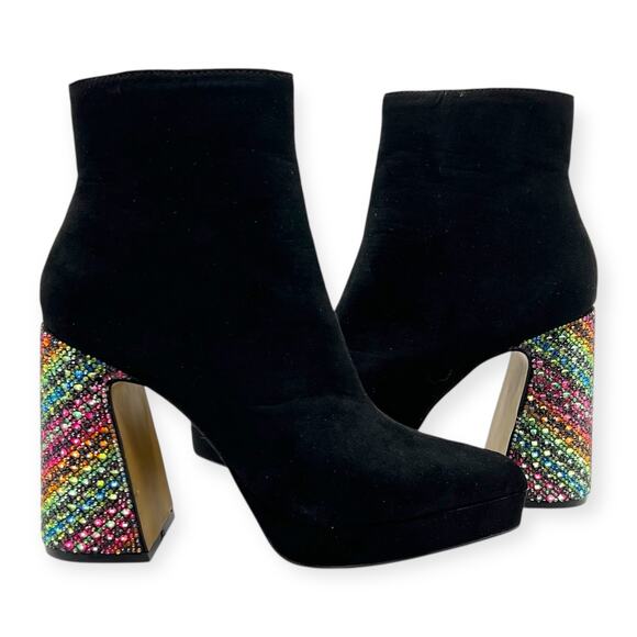 Betsey Johnson Ankle Boots Raylan Black Faux Suede Rhinestones Mutlicolor - Picture 3 of 14